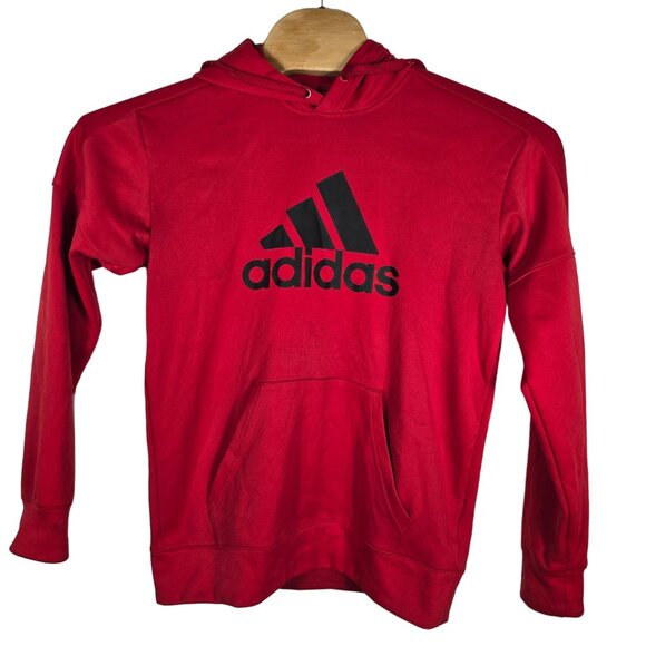 Adidas Hooded Sweatshirt Small Men's Red Logo Long Sleeve Kangaroo Pocket - Picture 1 of 8
